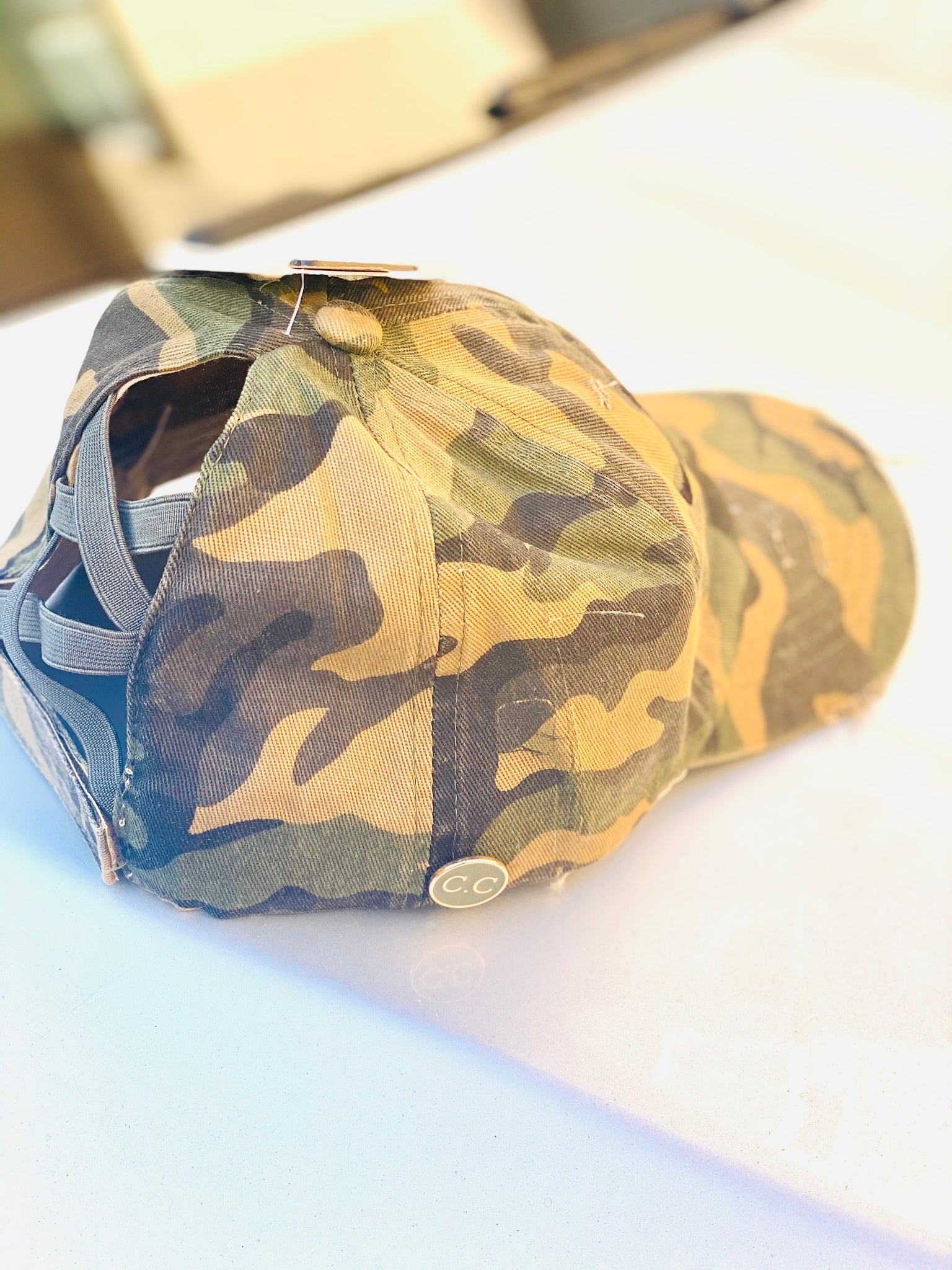 Camo Distressed Hat With Ponytail Access